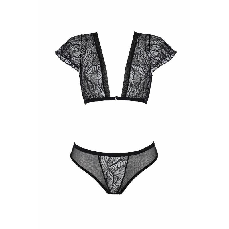 Комплект Passion LEAFA BIKINI black, XXL/XXXL, бюстгальтер-топ з рукавчиками, стрінги-шортики з вирізом