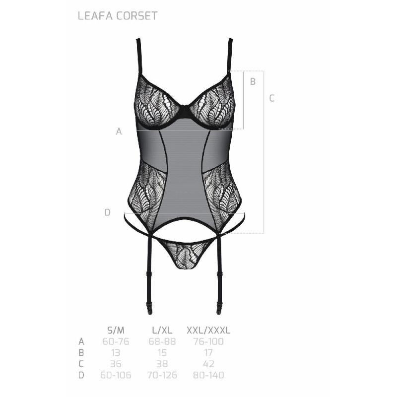 Корсет Passion LEAFA CORSET black S/M, м'які чашки, затискачі для панчіх, стрінги в комплекті