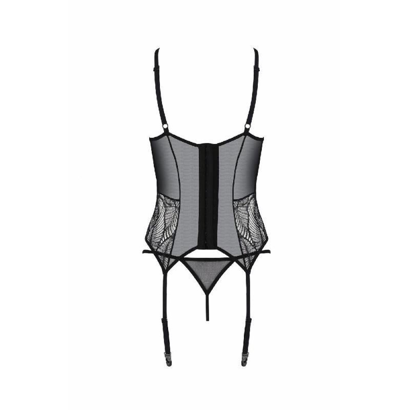Корсет Passion LEAFA CORSET black S/M, м'які чашки, затискачі для панчіх, стрінги в комплекті