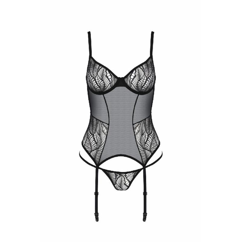 Корсет Passion LEAFA CORSET black S/M, м'які чашки, затискачі для панчіх, стрінги в комплекті