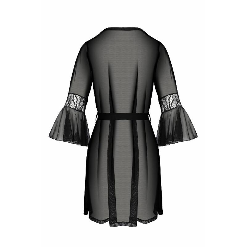 Пеньюар Passion LEAFA PEIGNOIR black, L/XL, довжина трохи вище коліна, широкі рукави, зав'язується на пояс