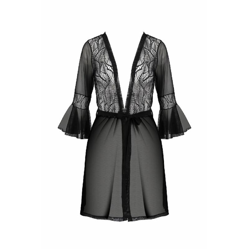 Пеньюар Passion LEAFA PEIGNOIR black S/M, довжина трохи вище коліна, широкі рукави, зав'язується на пояс