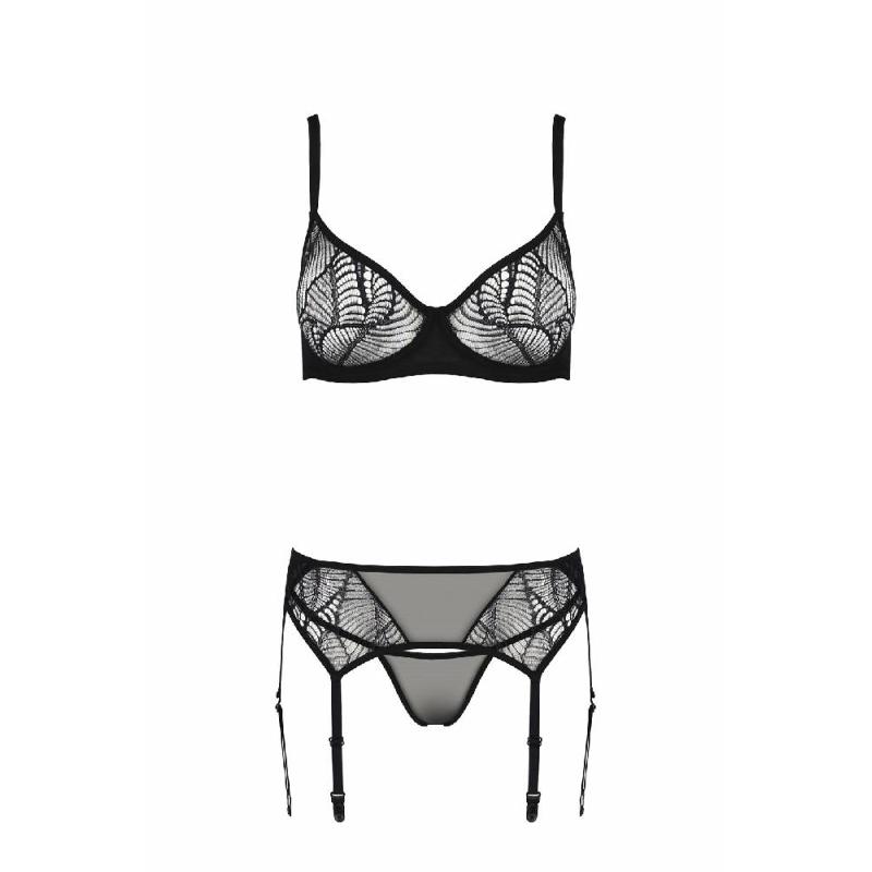 Комплект Passion LEAFA SET black, L/XL, мереживо+сітка, бюстгальтер на кісточках, стрінги, пояс для панчіх