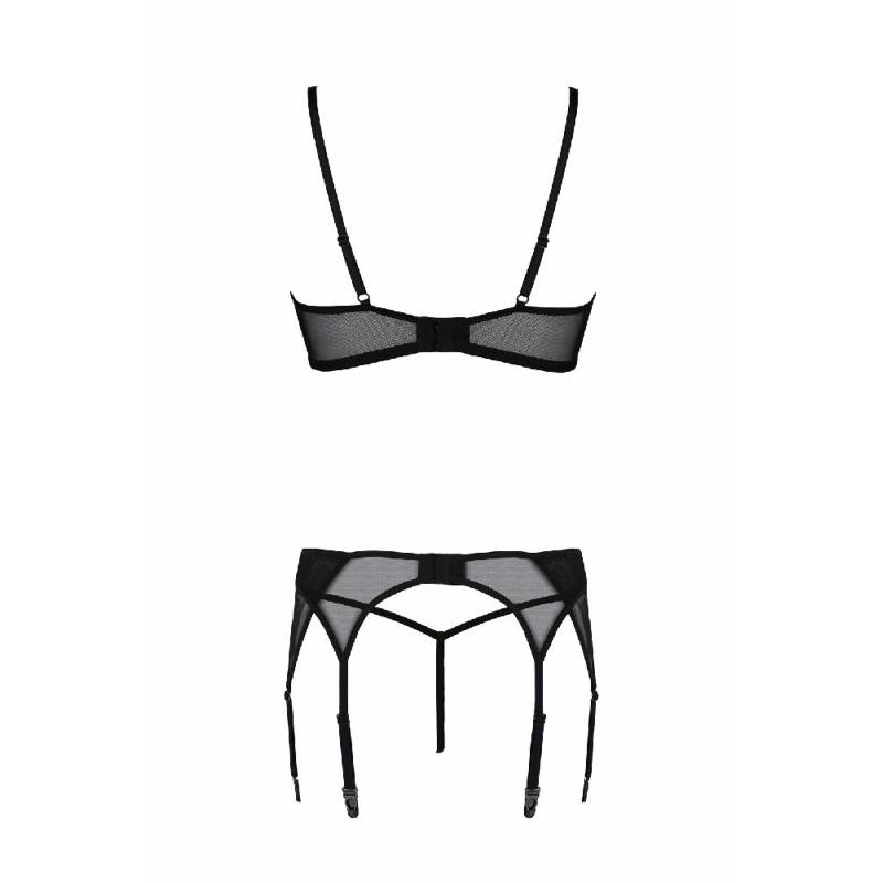 Комплект Passion LEAFA SET black, L/XL, мереживо+сітка, бюстгальтер на кісточках, стрінги, пояс для панчіх