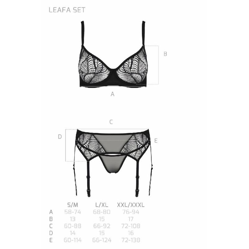 Комплект Passion LEAFA SET black S/M, мереживо+сітка, бюстгальтер на кісточках, стрінги, пояс для панчіх