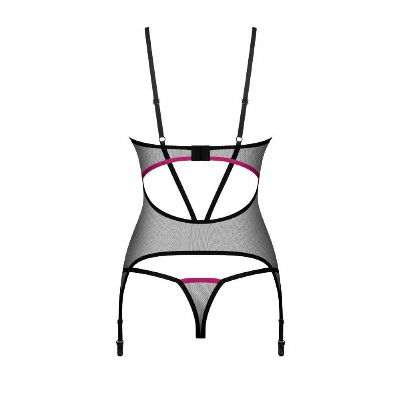 Корсет Obsessive Novenes corset & thong, XL/2XL, прозорий, відкрита спина, стрінги в комплекті