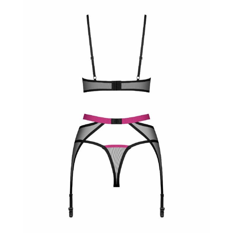 Комплект Obsessive Novenes 3-pcs set, M/L, прозорий ліф на кісточках, стрінги, пояс
