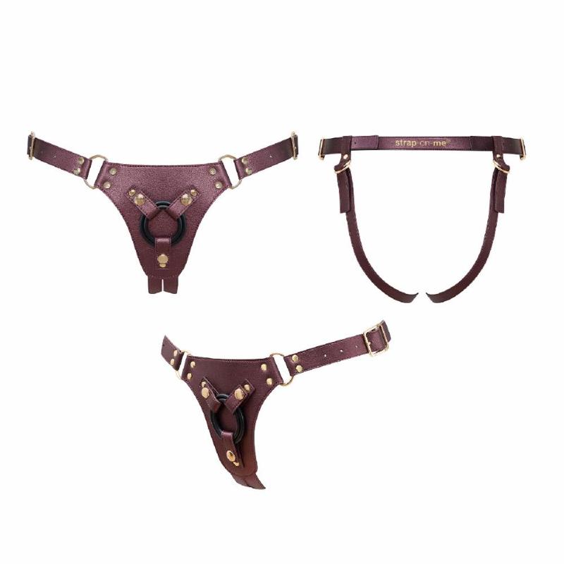 Трусики для страпона Strap-On-Me Harness Generous Aubergine, One Size, штучна шкіра, регульовані ремені, змінні кріплення для дилд