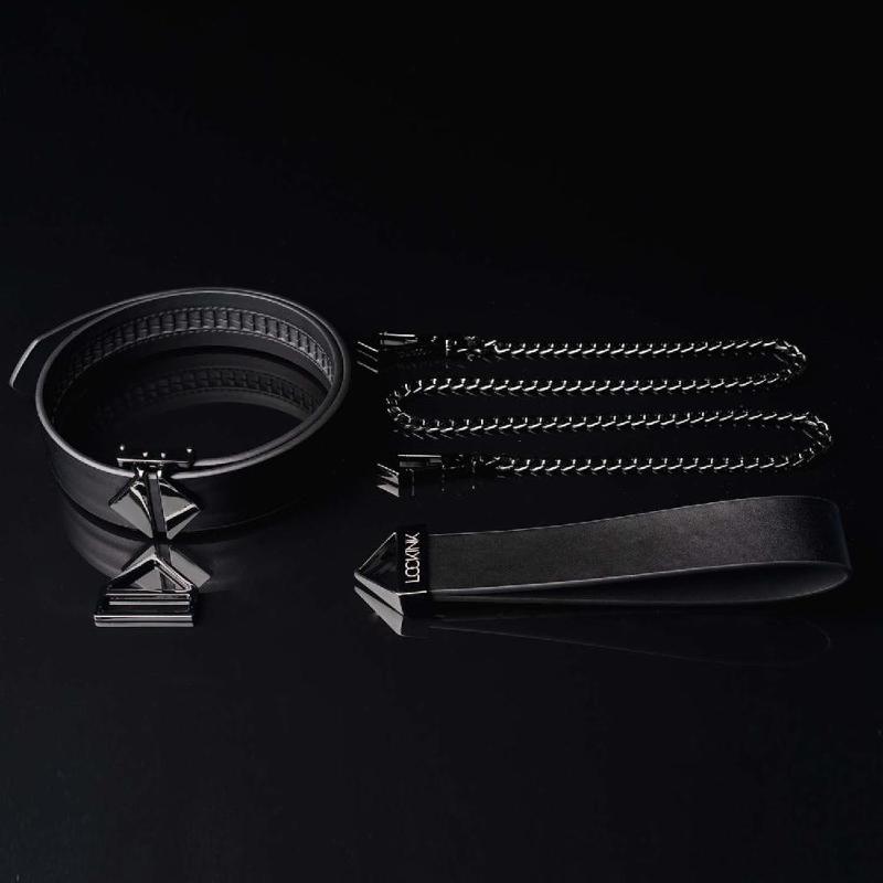 Нашийник з повідцем LOCKINK Tied Collar with Leash Set, чорний, ланцюг зі шкіряною петлею та карабіном