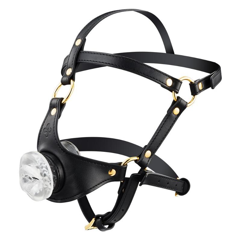 Маска-збруя для мінету LOCKINK SEVANDA Blowjob Head Harness, чорна, з м’якою вставкою у вигляді губ
