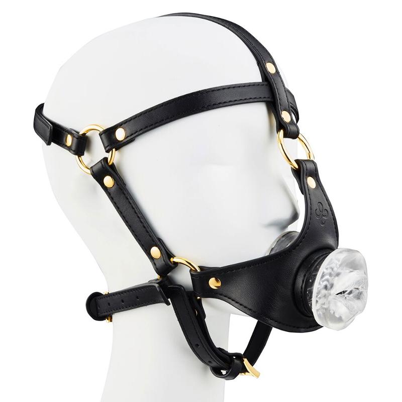 Маска-збруя для мінету LOCKINK SEVANDA Blowjob Head Harness, чорна, з м’якою вставкою у вигляді губ