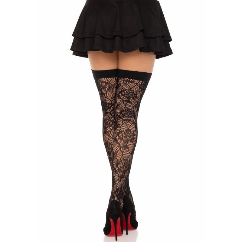 Панчохи Leg Avenue Wild rose net thigh highs, One Size, чорні, широка резинка, малюнок-троянди