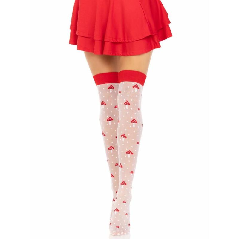 Панчохи Leg Avenue Polka Dot Mushroom Thigh Highs, One Size, біло-червоні, на резинці, малюнок — гриби