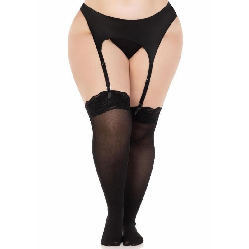 Панчохи Leg Avenue Lace top opaque thigh highs, 1X/2X, чорні, напівпрозорі, мереживна резинка