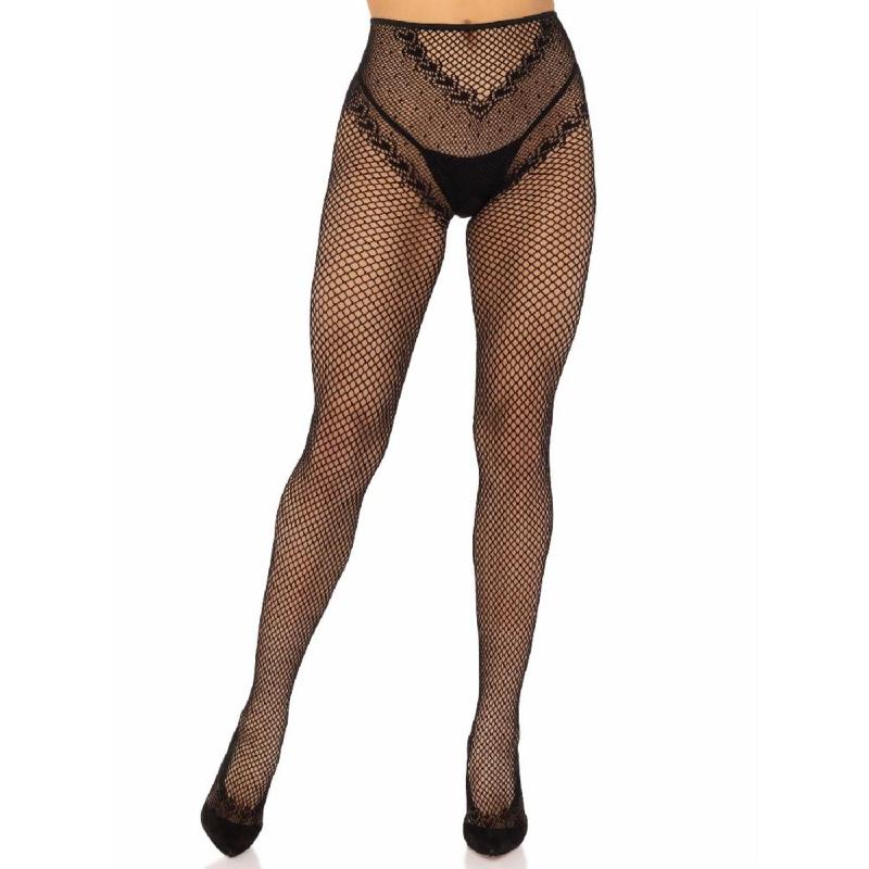 Стрип-колготки Leg Avenue Crotchless Net Tights with Heart Backseam, One Size, чорні, з доступом