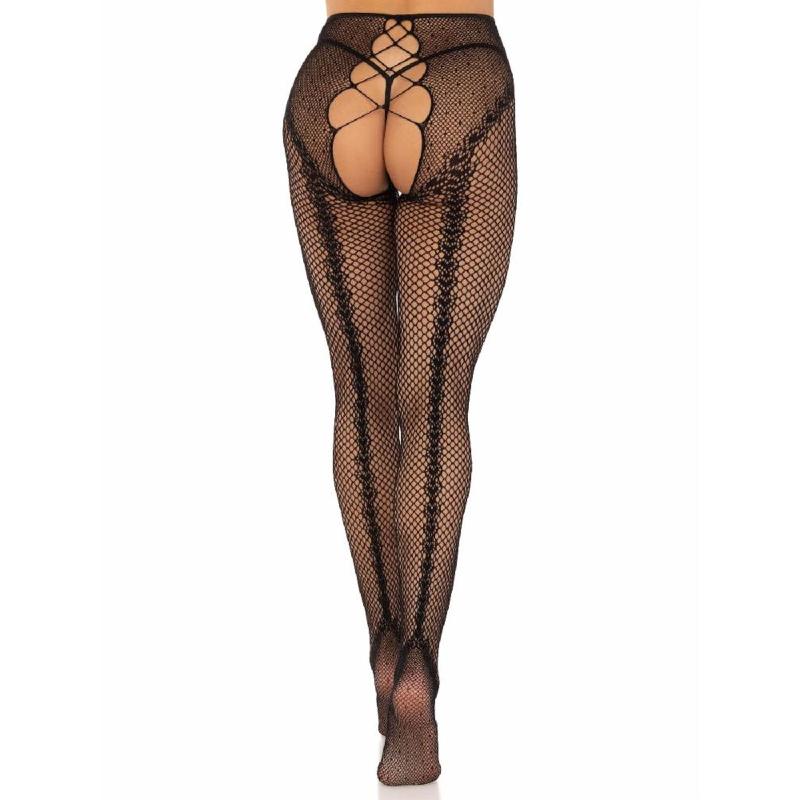 Стрип-колготки Leg Avenue Crotchless Net Tights with Heart Backseam, One Size, чорні, з доступом