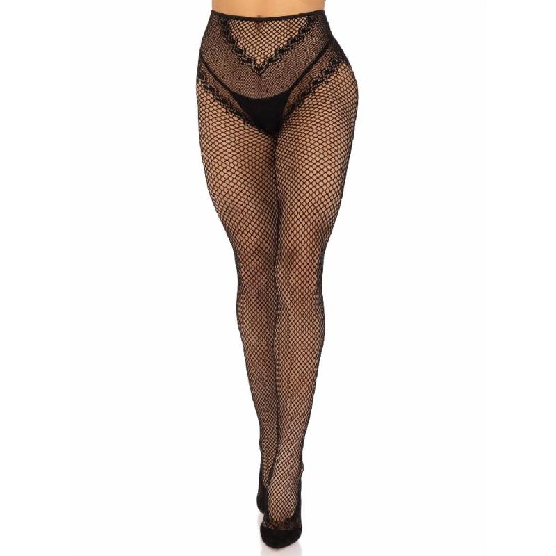 Стрип-колготки Leg Avenue Crotchless Net Tights with Heart Backseam, One Size, чорні, з доступом