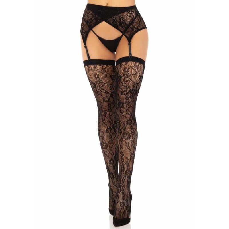 Комплект Leg Avenue Lace thigh highs & garterbelt, One Size, чорний, панчохи та пояс з пажами