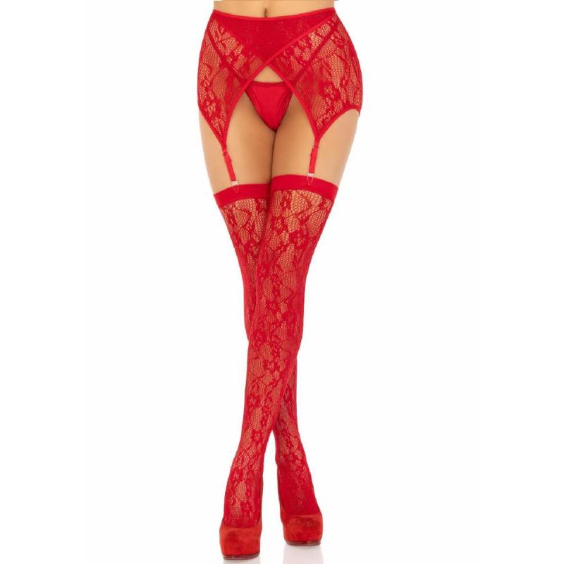 Комплект Leg Avenue Lace thigh highs & garterbelt, One Size, червоний, панчохи та пояс з пажами