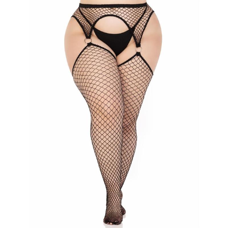 Панчохи Leg Avenue Stokings with O-ring Attached Garter Belt, 1X/2X, чорні, у сітку, імітація пояса