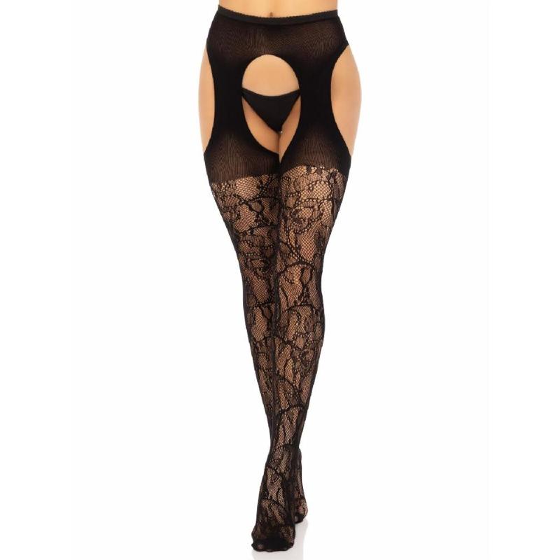 Стрип-колготки Leg Avenue Eyelet lace suspender hose, One Size, чорні, ажурні, з відкритим доступом