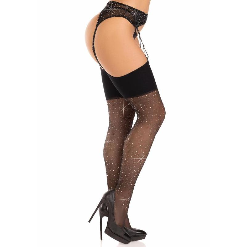 Панчохи зі стразами Leg Avenue Wide Top Rhinestone Sheer Stockings, One Size, чорні, вище коліна