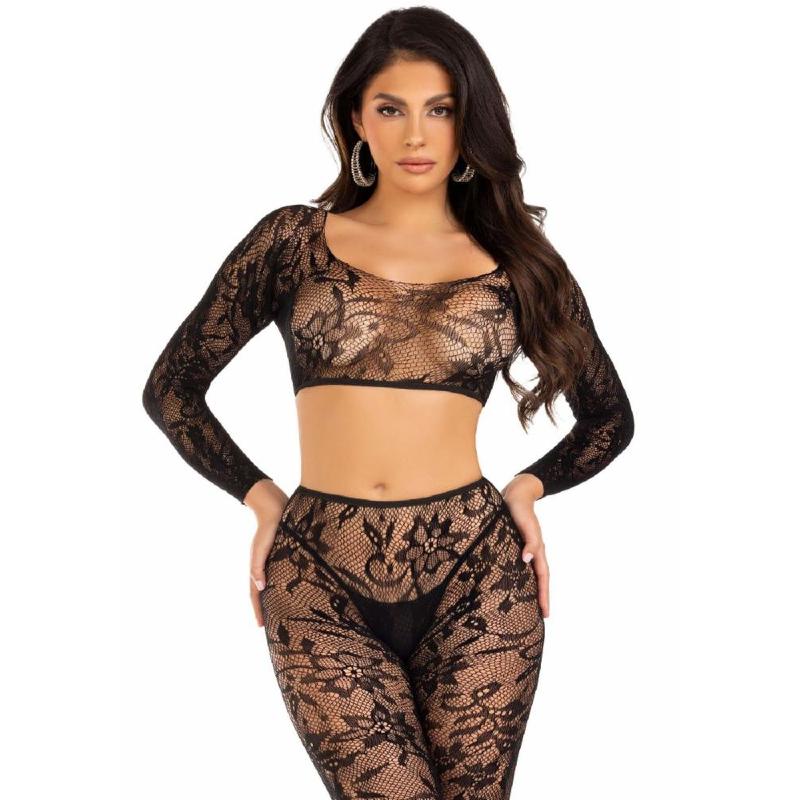 Комплект Leg Avenue Crop top & footless tights, One Size, чорний, кроп-топ та колготки без стопи