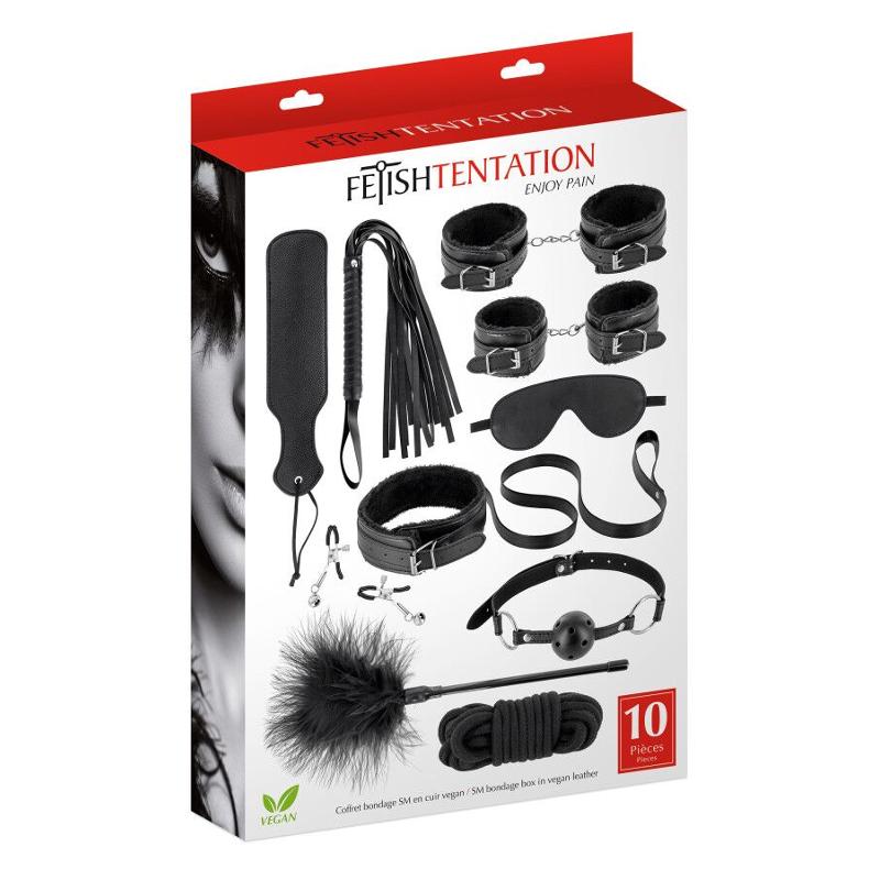 Набір для BDSM усе-в-одному Fetish Tentation SM Bondage Box in vegan leather, 10 предметів