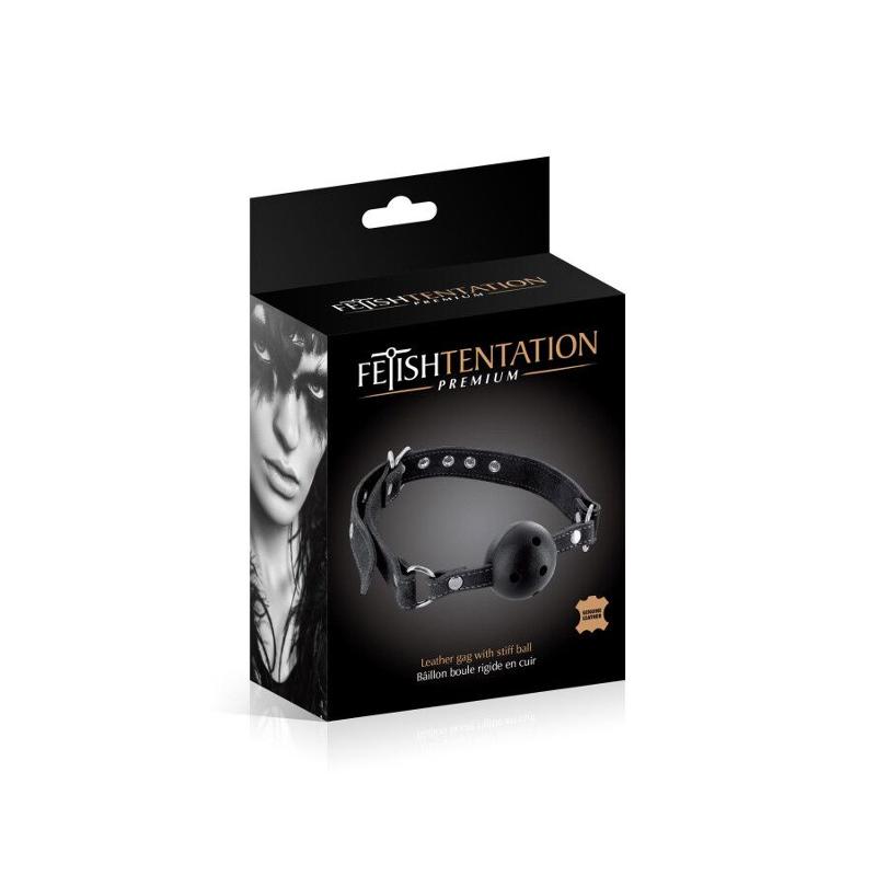 Повітропроникний кляп Fetish Tentation Premium Leather gag with stiff ball, шкіряний ремінець