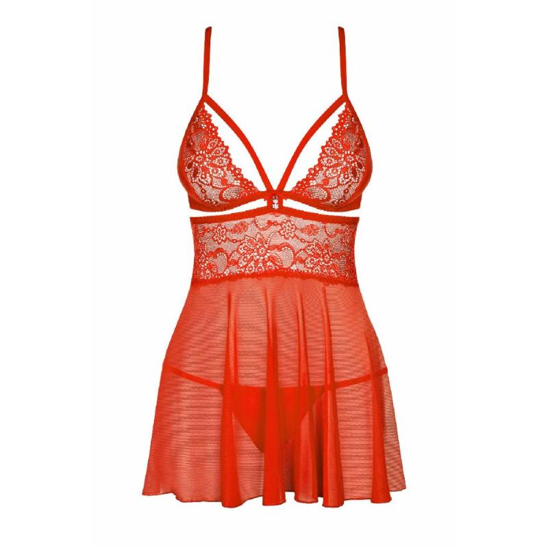Бебі-дол Obsessive 838-BAB-3 babydoll & thong, L/XL, червоний, мереживний ліф, стрінги в комплекті