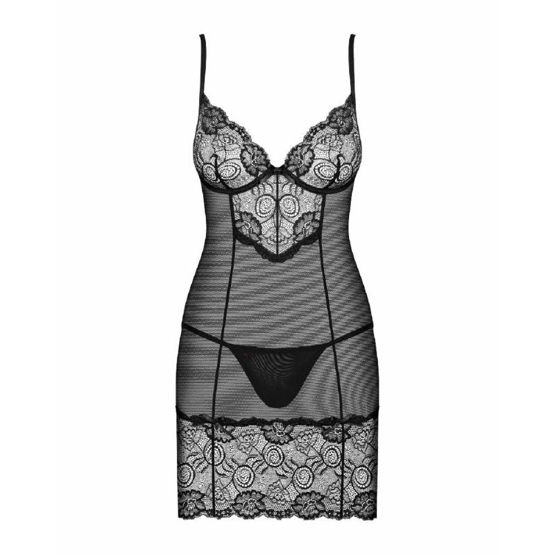 Сорочка Obsessive Alluria chemise & thong, S/M, чорна, мереживо+мікросітка, стрінги в комплекті