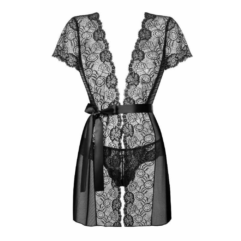 Пеньюар Obsessive Alluria peignoir & thong, L/XL, прозорий, з мереживом, пояс, трусики в комплекті