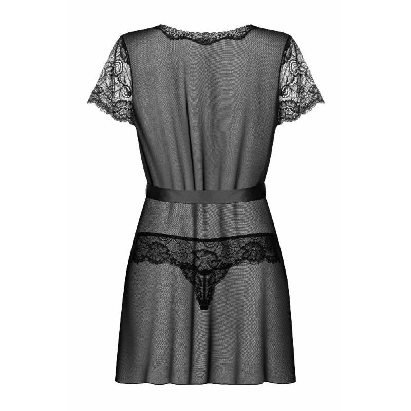 Пеньюар Obsessive Alluria peignoir & thong, L/XL, прозорий, з мереживом, пояс, трусики в комплекті
