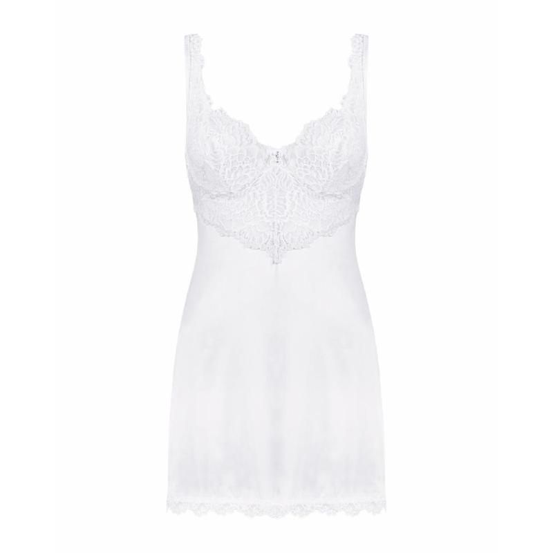 Сорочка Obsessive Amor Blanco underwire chemise & thong, S/M, біла, мереживний ліф, стрінги в наборі