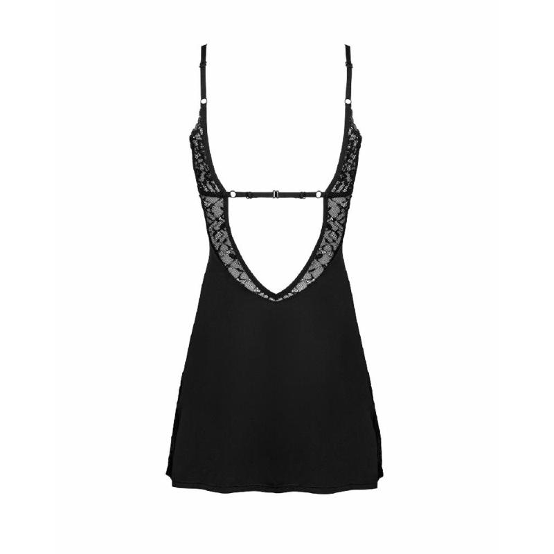 Сорочка Obsessive Bellastia chemise & thong, M/L, непрозора, фігурне декольте, стрінги в наборі