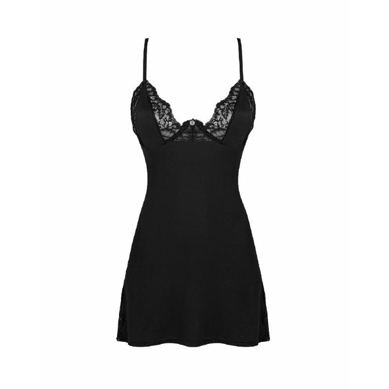 Сорочка Obsessive Bellastia chemise & thong, M/L, непрозора, фігурне декольте, стрінги в наборі
