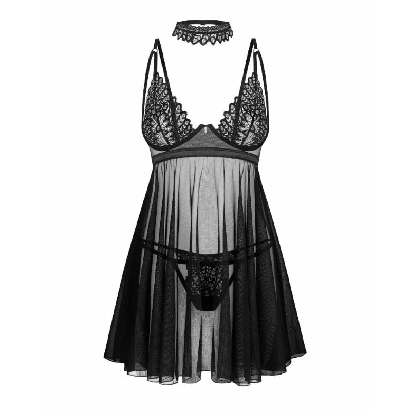 Бебі-дол Obsessive Donarella babydoll & thong, XL/2XL, мереживний ліф, чокер та стрінги в комплекті