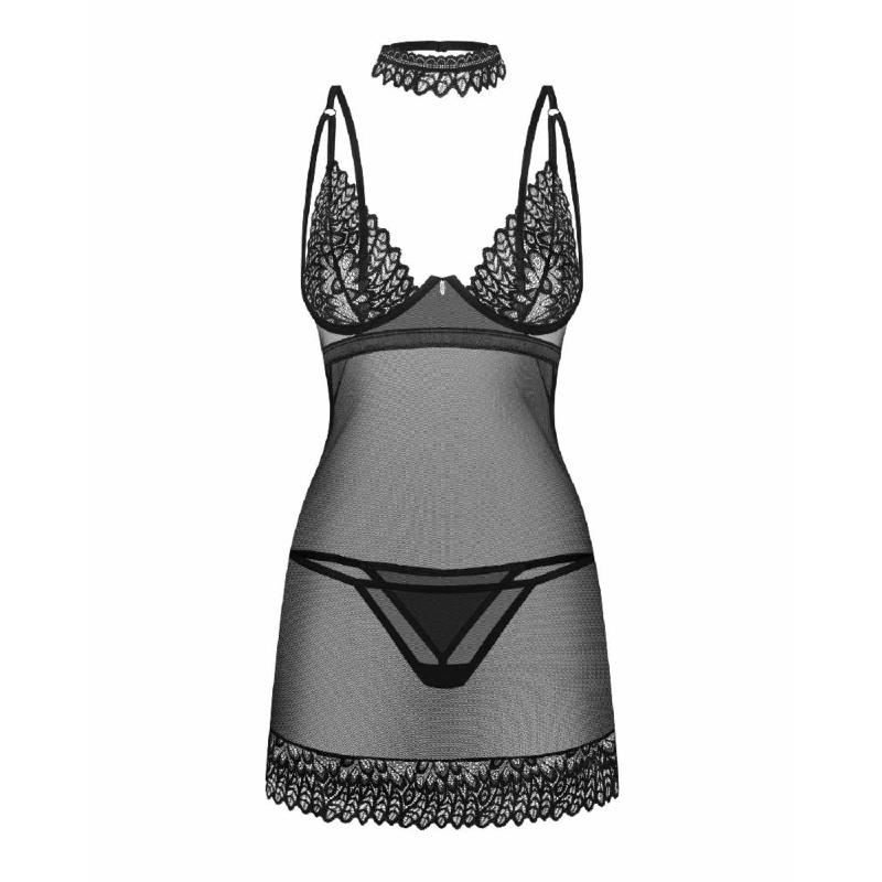 Сорочка Obsessive Donarella chemise & thong, XS/S, мереживний ліф, чокер та стрінги в комплекті