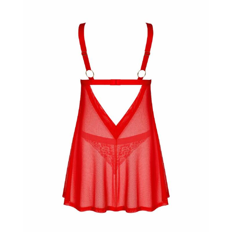 Бебі-дол Obsessive Elianes babydoll & thong, XS/S, червоний, мереживний ліф, трусики-танга в наборі