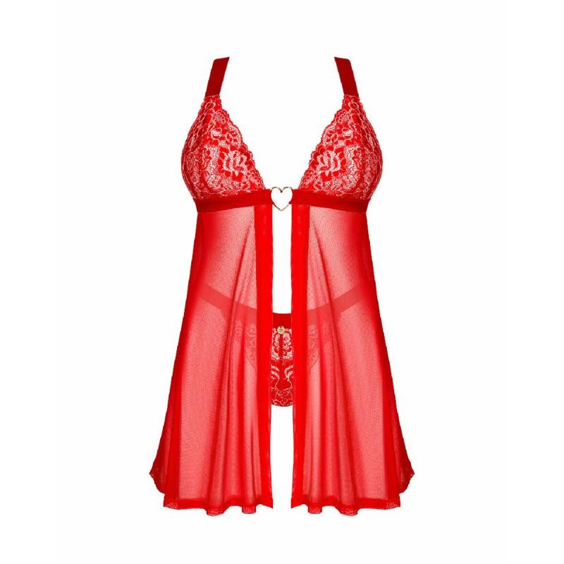 Бебі-дол Obsessive Elianes babydoll & thong, XL/2XL, червоний, мереживний ліф, трусики-танга в наборі