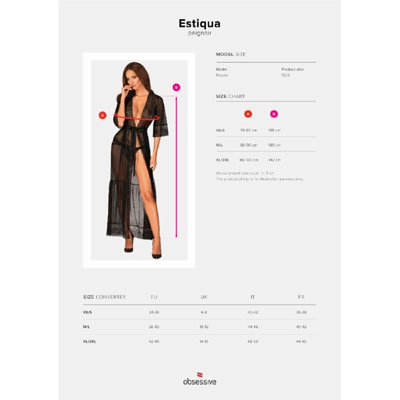 Пеньюар Obsessive Estiqua peignoir, XS/S, чорний, прозорий, на поясі, довжина до щиколоток