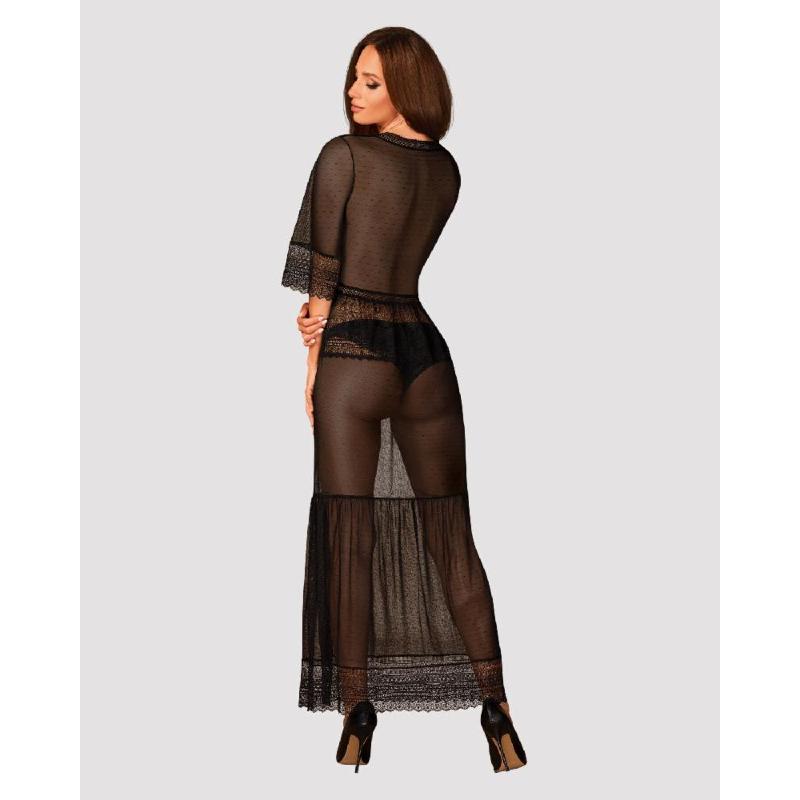 Пеньюар Obsessive Estiqua peignoir, XL/2XL, чорний, прозорий, на поясі, довжина до щиколоток