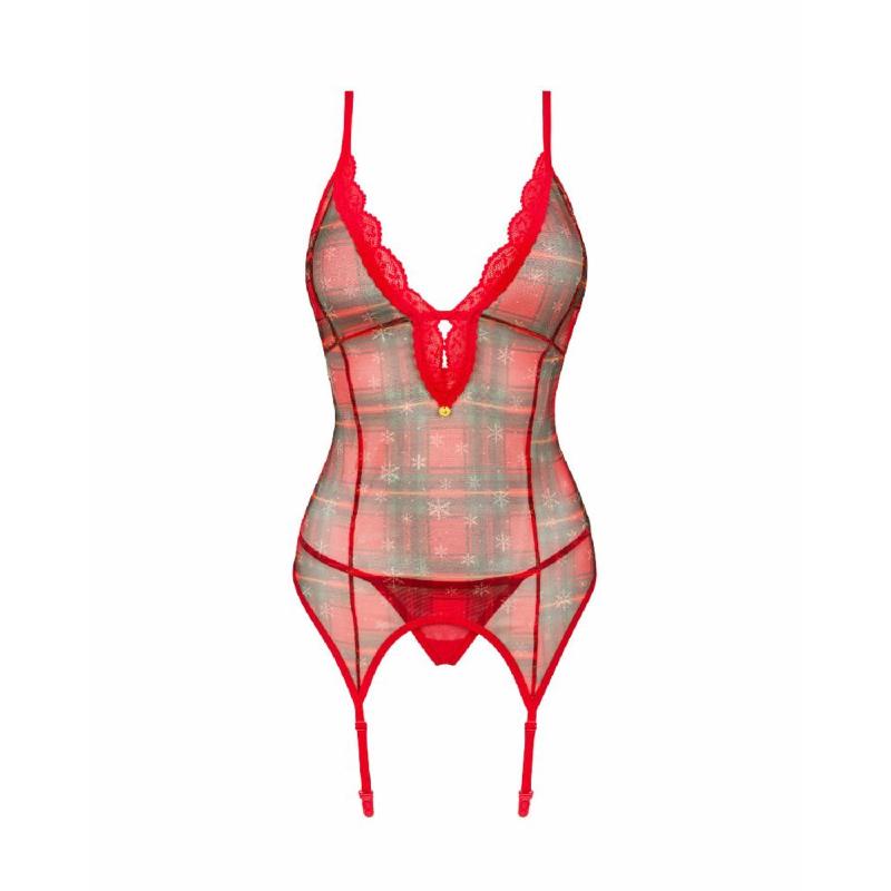 Корсет Obsessive Jollymore corset, M/L, у клітинку, з мереживом, пажі для панчіх, стрінги в комплекті