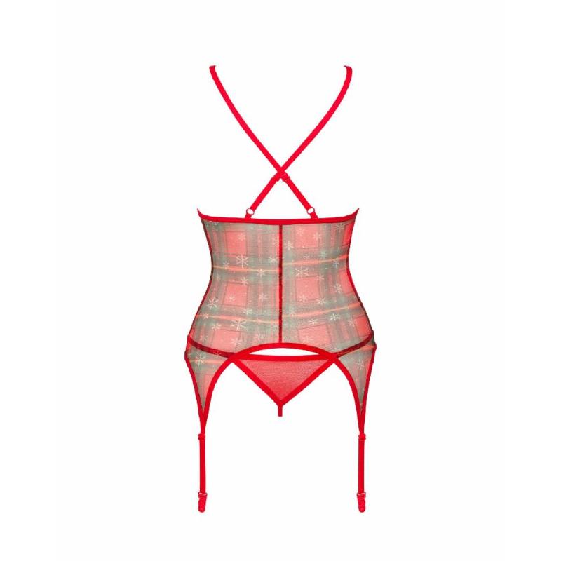 Корсет Obsessive Jollymore corset, XL/2XL, у клітинку, з мереживом, пажі для панчіх, стрінги в комплекті