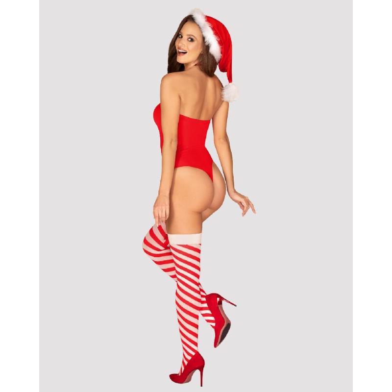 Тедді Obsessive Kissmas teddy, S/M, червоне, без бретелей, чокер, панчохи та шапка з помпоном у наборі