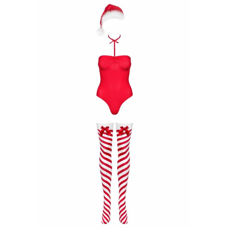 Тедді Obsessive Kissmas teddy, S/M, червоне, без бретелей, чокер, панчохи та шапка з помпоном у наборі
