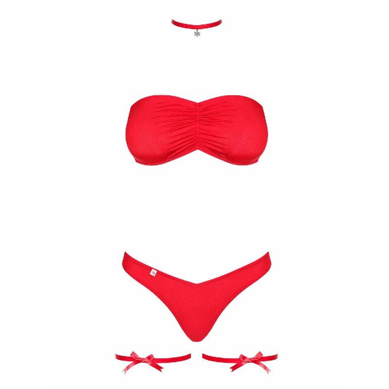 Комплект Obsessive Kissmas Set, L/XL, червоний, м’який ліф, трусики зі збіркою, чокер та гартери