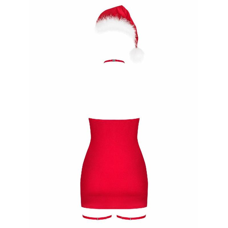 Новорічна сорочка Obsessive Kissmas chemise, S/M, червона, чокер, гартери та шапочка з помпоном