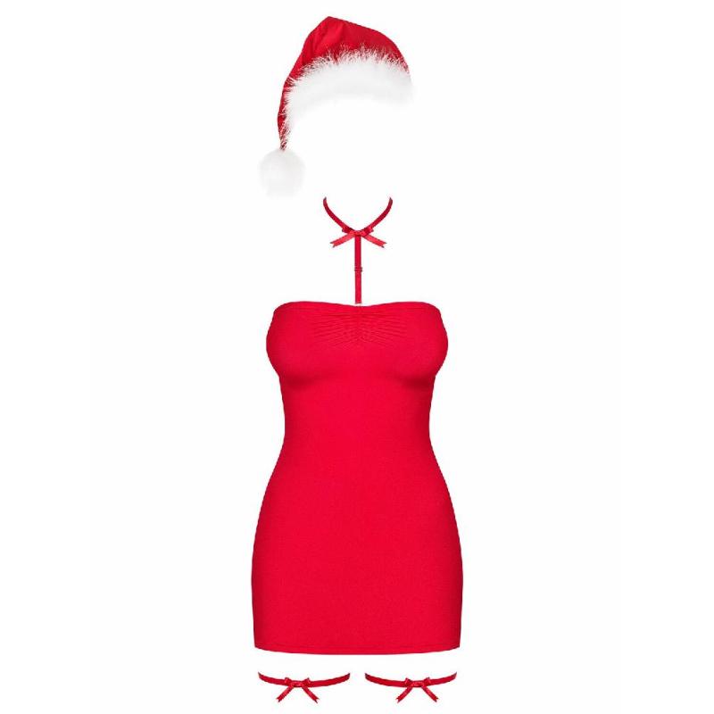 Новорічна сорочка Obsessive Kissmas chemise, L/XL, червона, чокер, гартери та шапочка з помпоном