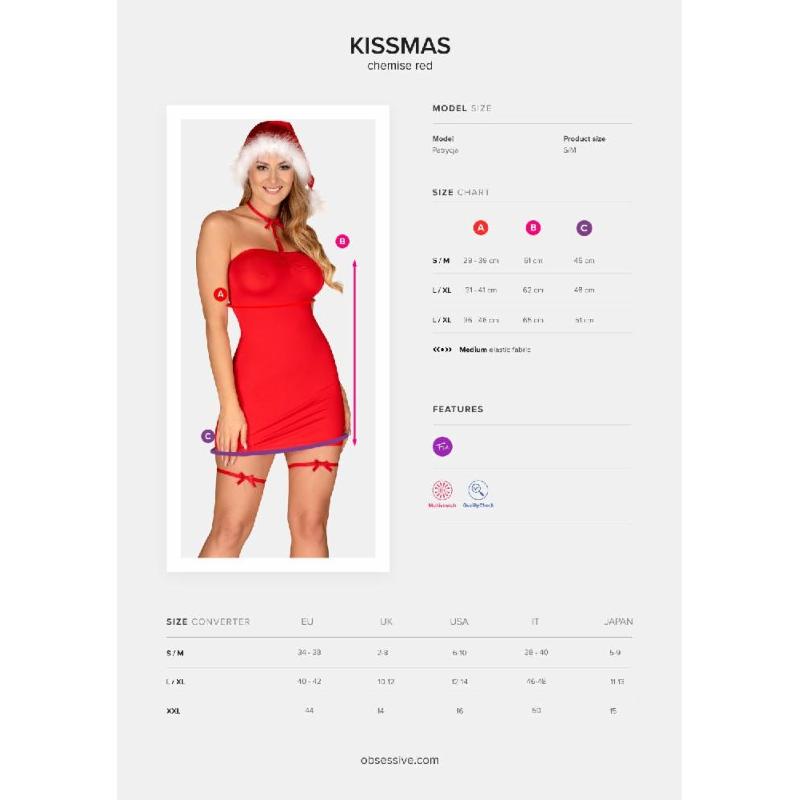 Новорічна сорочка Obsessive Kissmas chemise, L/XL, червона, чокер, гартери та шапочка з помпоном